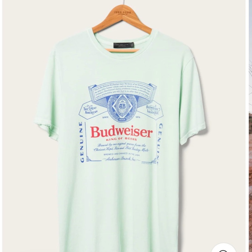 Junk Food Clothing Mint Green Budweiser Logo Tee with Red & Blue Print